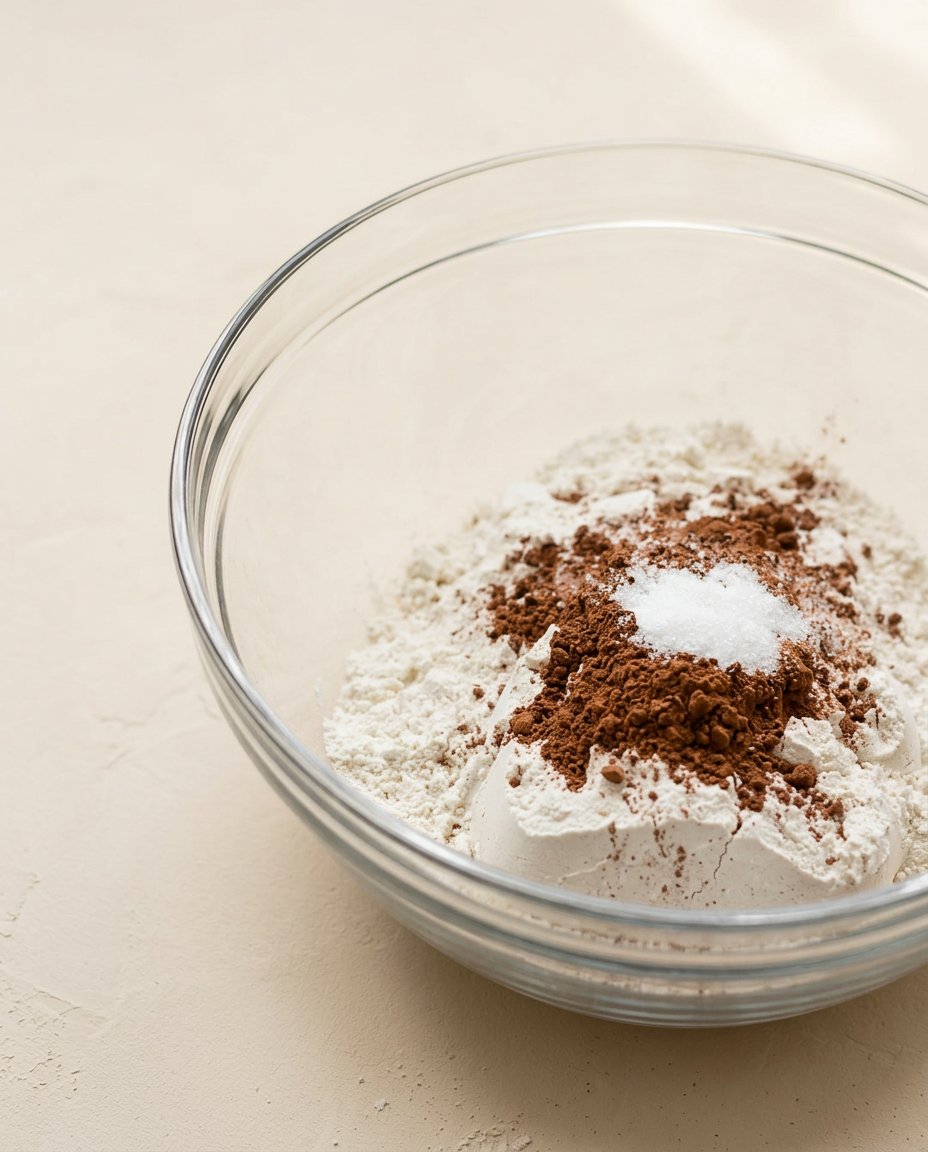 Red Velvet Funnel Cake 14 Gathered ingredients for a homemade Red Velvet Funnel Cake recipe including cocoa powder and flour.