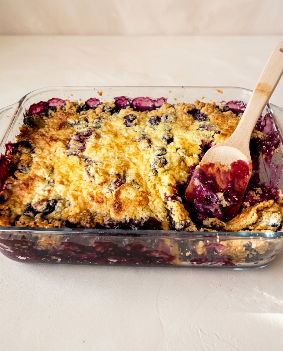 3-Ingredient Blueberry Dump Cake 16 A freshly baked 3-Ingredient Blueberry Dump Cake in a rustic casserole dish with a golden brown crust