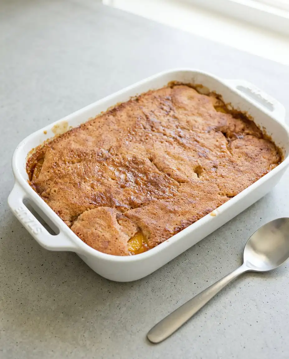 A generous scoop of Old-Fashioned Peach Cake served with melting cold vanilla bean ice cream.