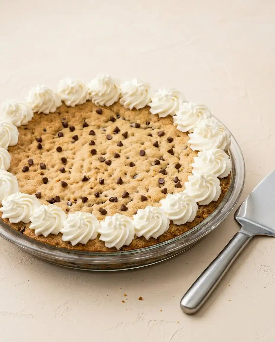 Classic Chocolate Chip Cookie Cake 16 A plated slice of Classic Chocolate Chip Cookie Cake showing its soft center and piped border.