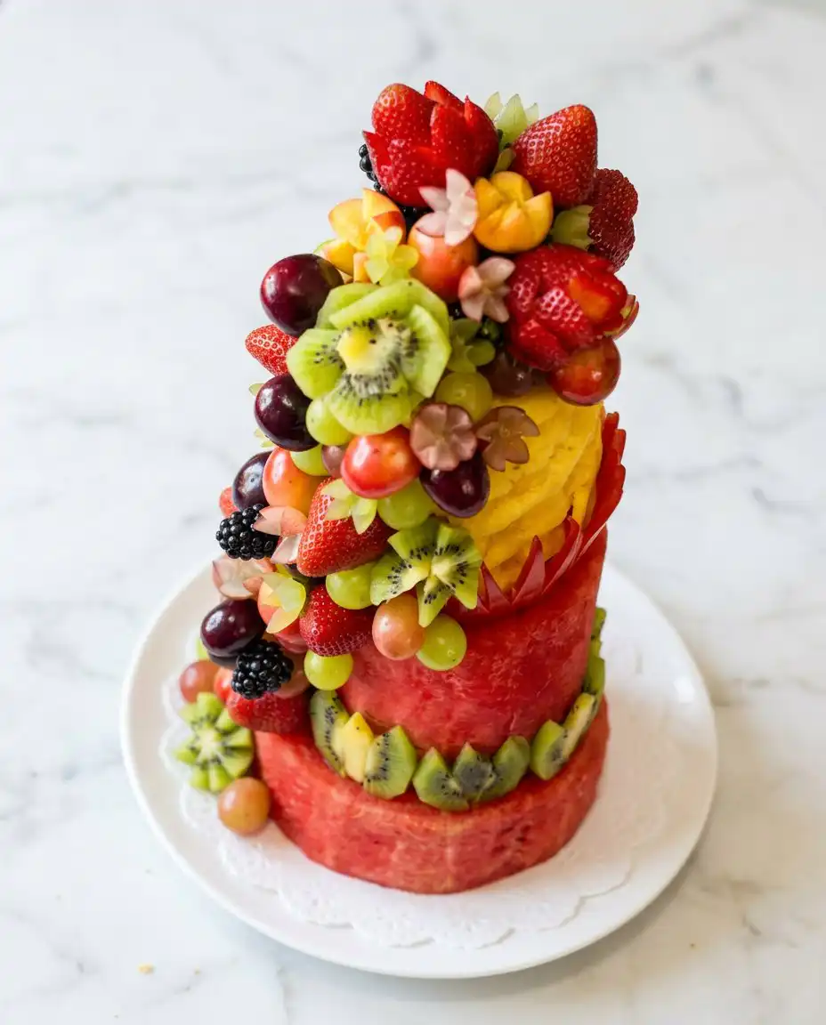 A beautifully decorated Watermelon Fruit Cake Tower served on a large white ceramic platter.