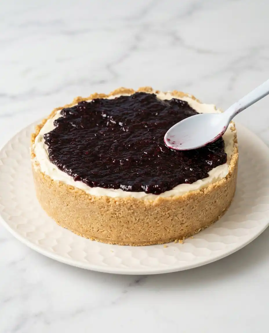 A single slice of Blackberry Cream Cheese Cake served on a vintage plate with a fork.