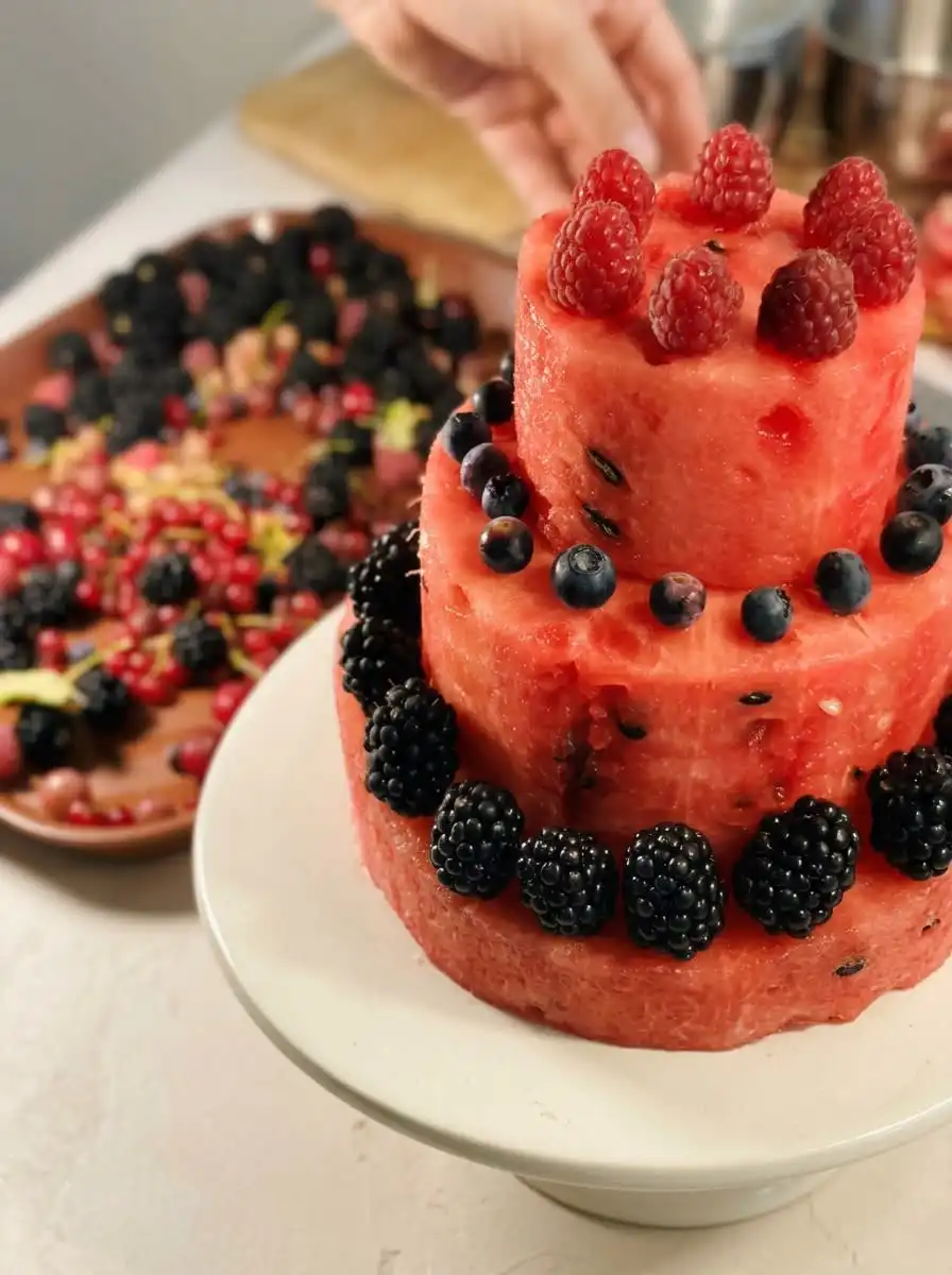 Watermelon and Berry Layer Cake 16 A sliced portion of a delicious Watermelon and Berry Layer Cake served on a plate with fresh mint.