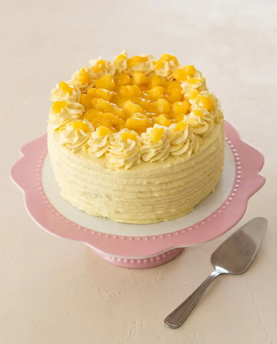 Mango Ombre Cake 16 A slice of Mango Ombre Cake served on a decorative glass plate with a fork