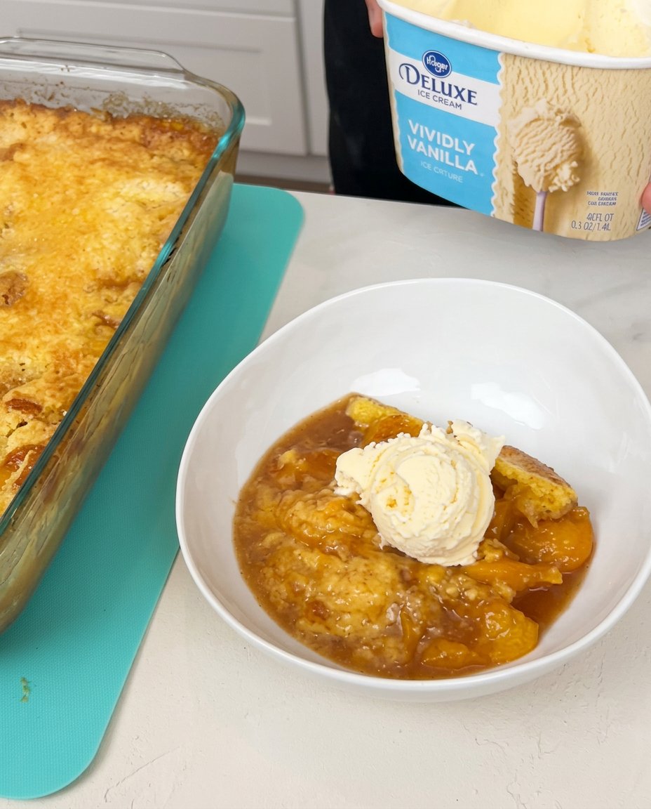 A square of Cinnamon Canned Peach Dump Cake served next to a cup of dark coffee.