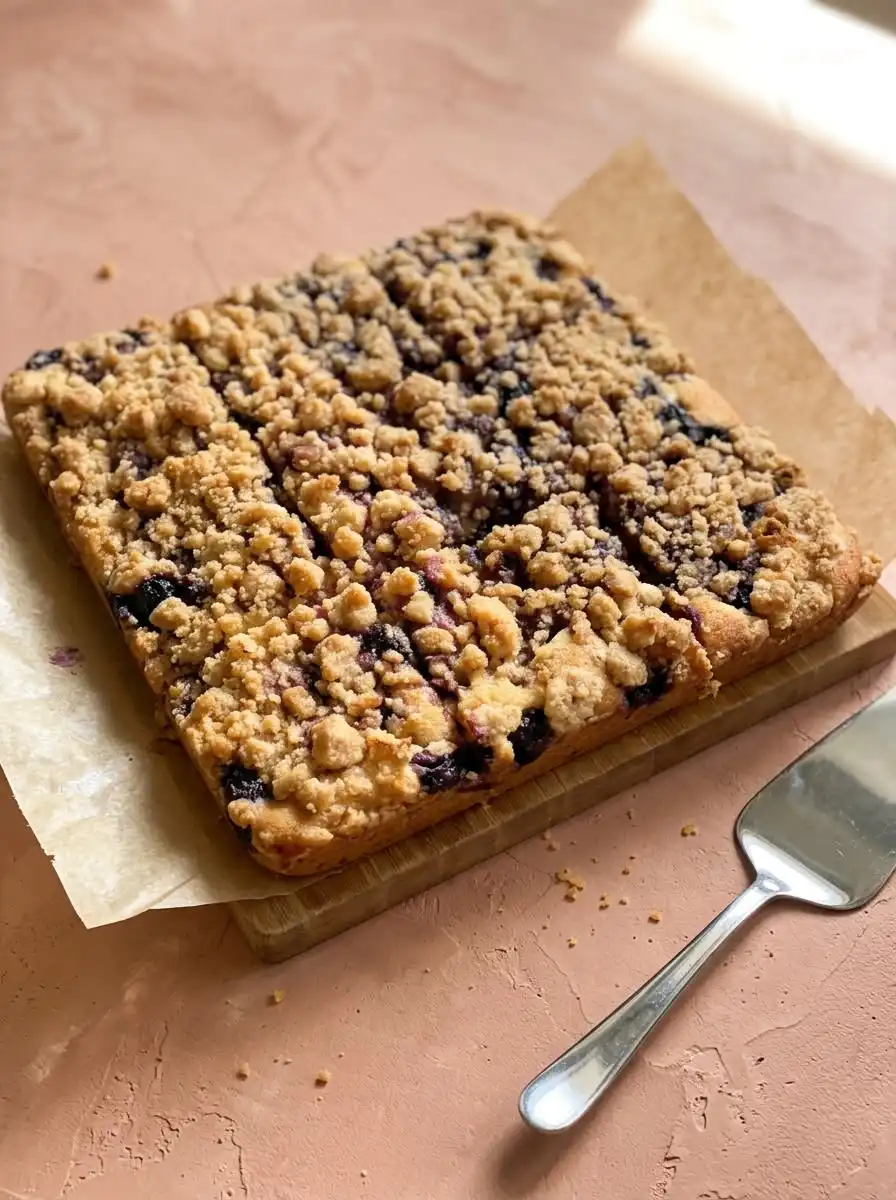 A thick slice of classic blueberry coffee crumb cake served on a vintage white plate