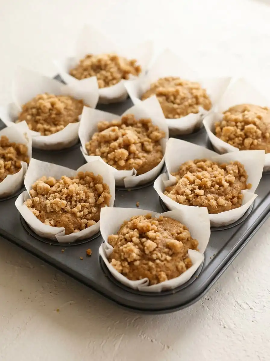 A glazed Classic Coffee Cake Muffin served on a plate next to a cup of hot tea.
