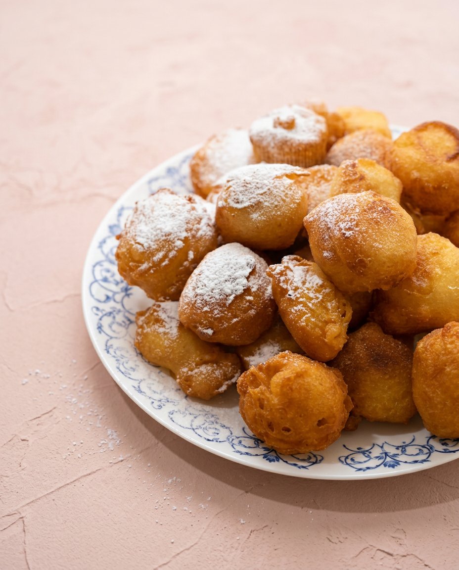 A plate of Classic Funnel Cake Bites served with a cup of Turkish coffee on a sun-soaked table.