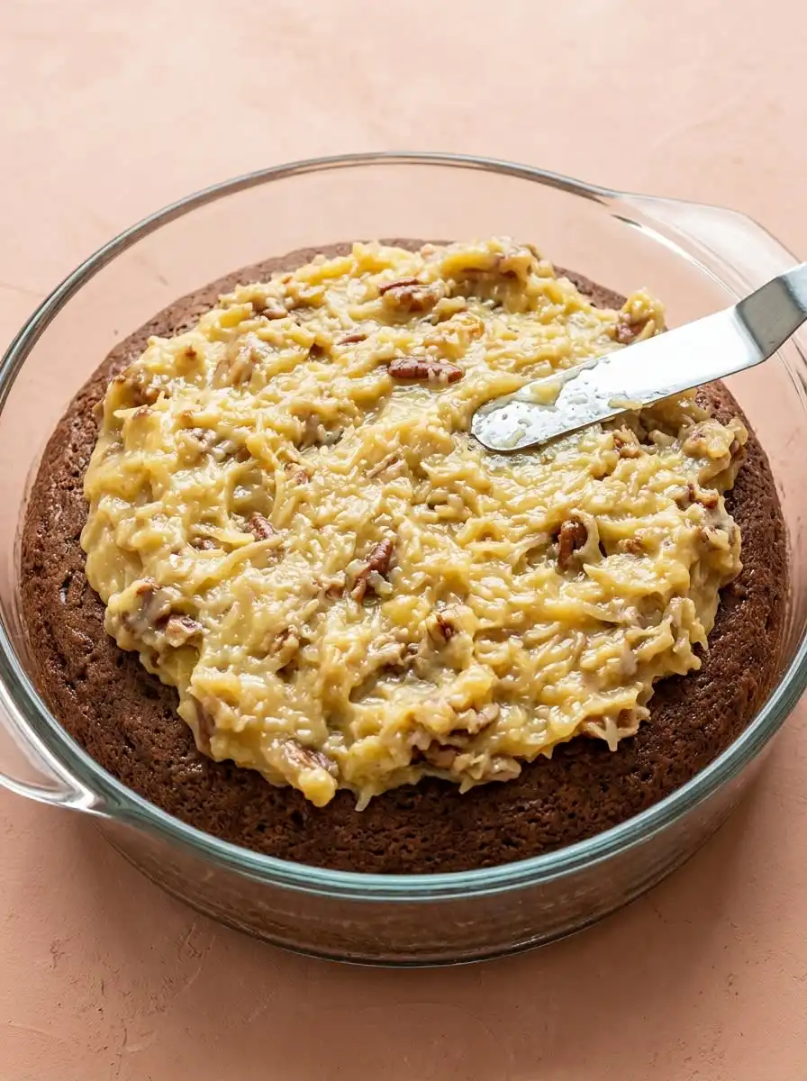 Classic German Chocolate Cake with Coconut Pecan Frosting 16 A full Classic German Chocolate Cake with Coconut Pecan Frosting on a glass stand next to a hot cup of coffee.