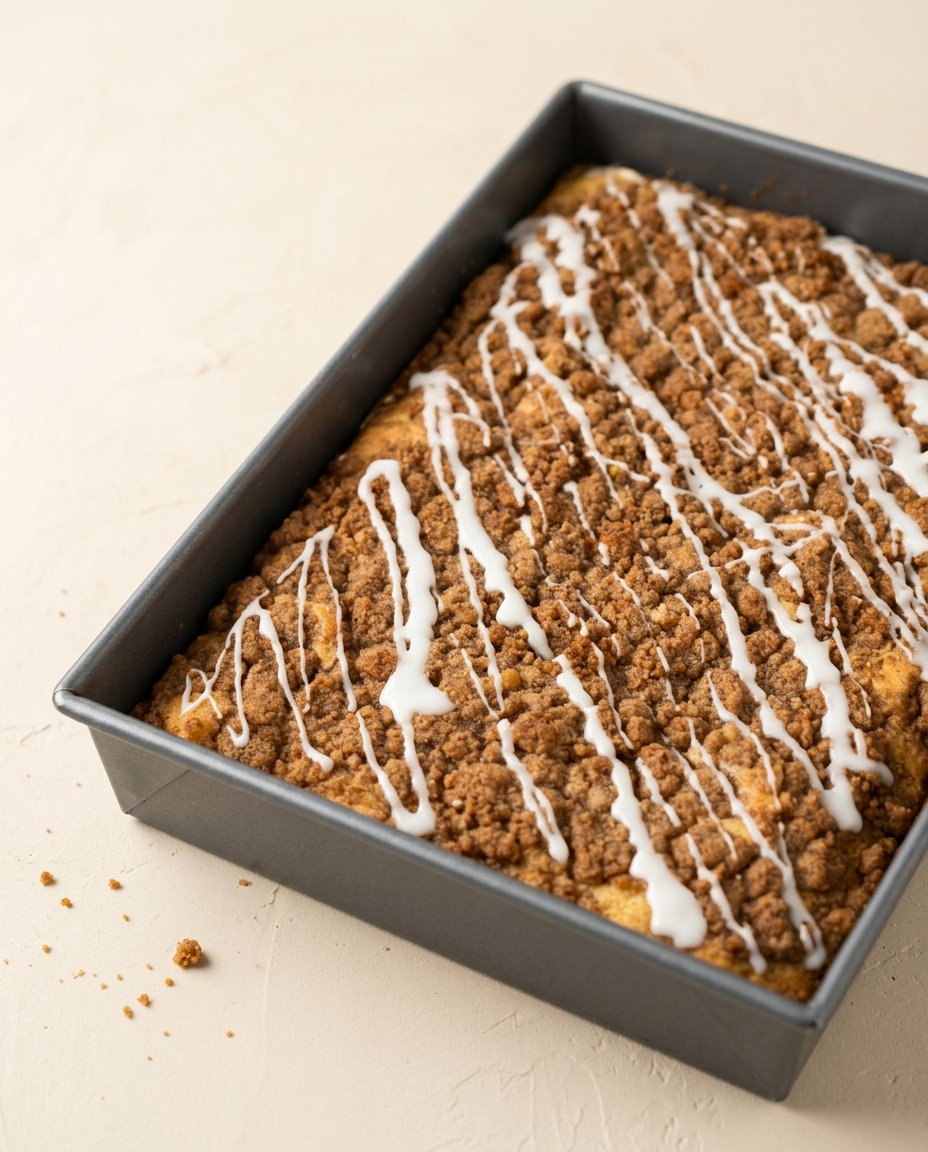 Classic Streusel Coffee Cake 16 A plate of Classic Streusel Coffee Cake served with a small cup of dark coffee on a wooden table.