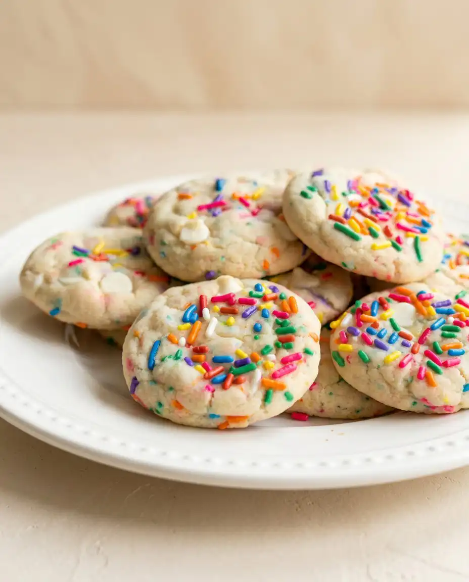 Plated Funfetti Cake Mix Cookies served on a ceramic dish with a glass of milk