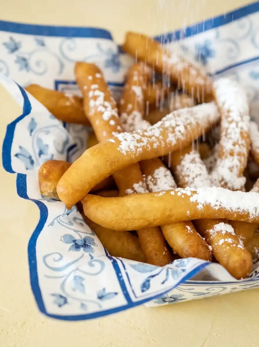 A rustic wooden basket of cinnamon sugar funnel cake fries served beside bowls of caramel and marshmallow fluff.