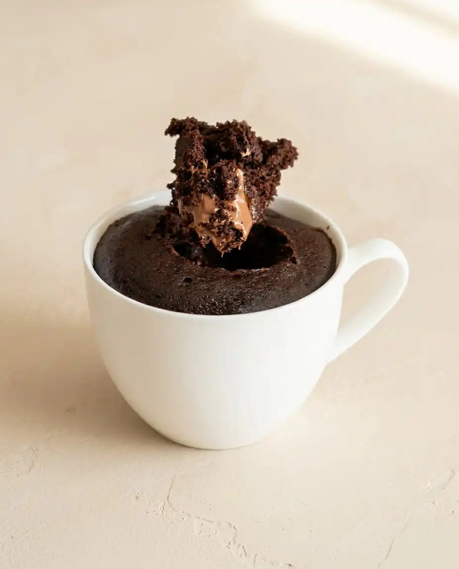 Serving a rich Nutella Mug Cake with powdered sugar
