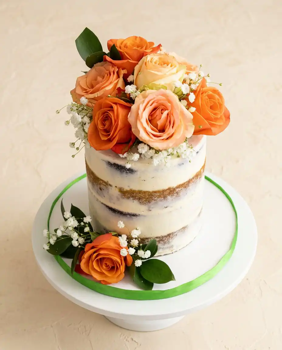 Naked Cake with Fall Flowers 16 A slice of rustic Naked Cake with Fall Flowers served on a vintage dessert plate