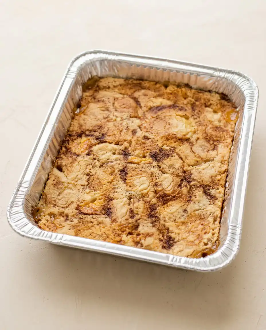 A scoop of vanilla ice cream melting on top of peach cobbler with white cake mix.
