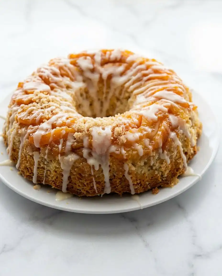 A slice of Buttery Peach Cobbler Pound Cake served with fresh cream on a beautiful vintage plate.