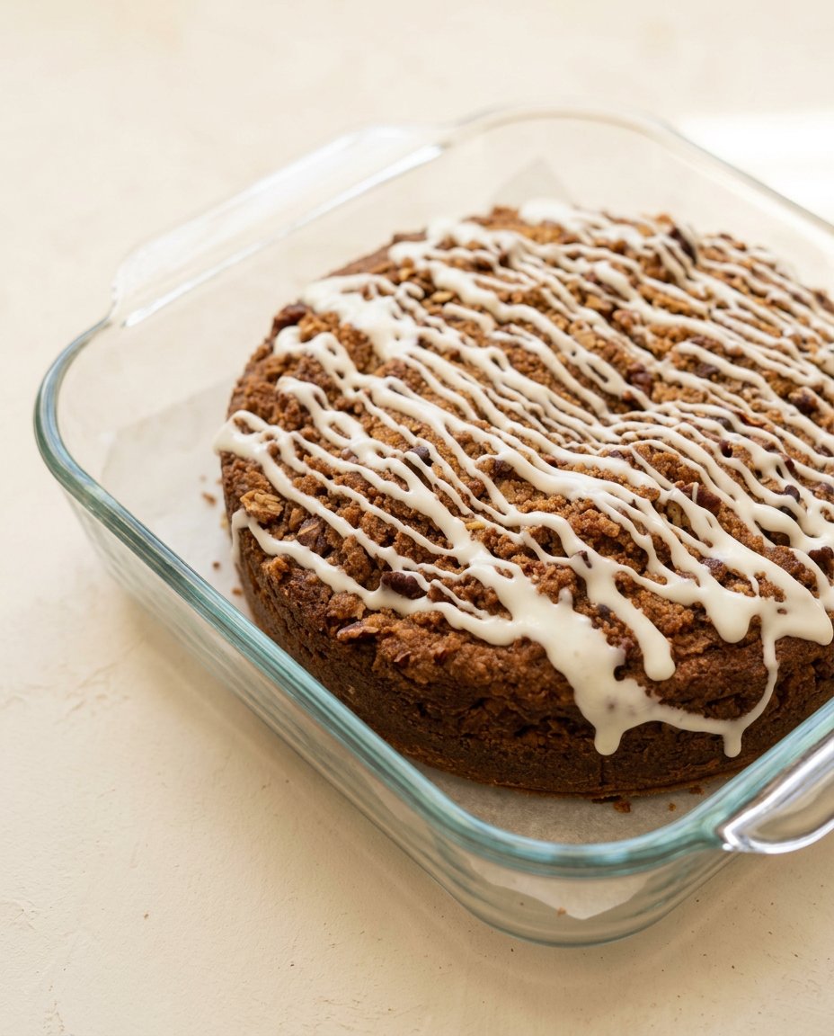 Serving a slice of warm Pecan Streusel Coffee Cake alongside a cup of dark Turkish coffee.