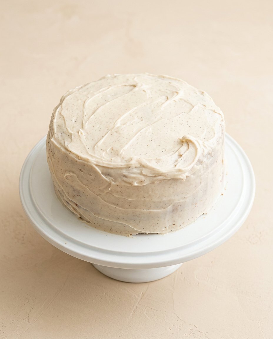 A whole Pumpkin Spice Layer Cake with Cinnamon Cream Cheese Frosting decorated with cinnamon on a wooden stand