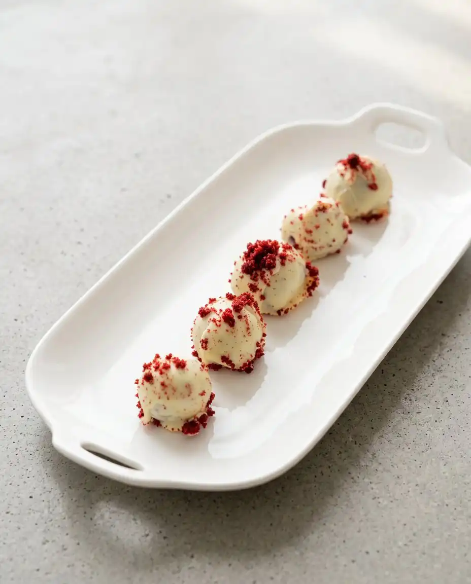 Red velvet cake pops served next to a cup of dark coffee.