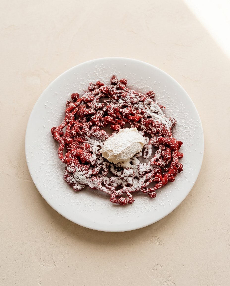 Red Velvet Funnel Cake 16 Serving a fresh Red Velvet Funnel Cake alongside a cup of warm coffee.
