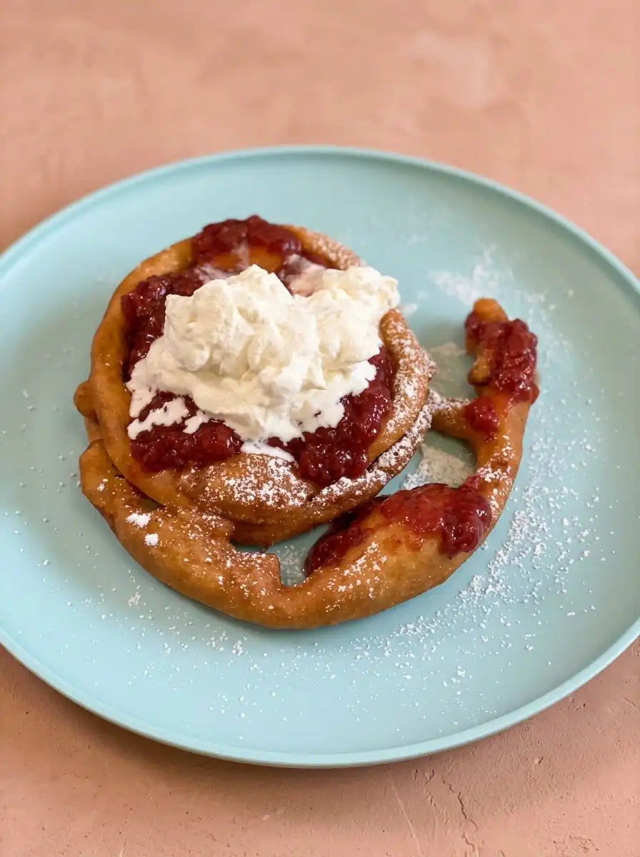 A beautiful Strawberry Topped Funnel Cake served alongside a small cup of dark Turkish coffee