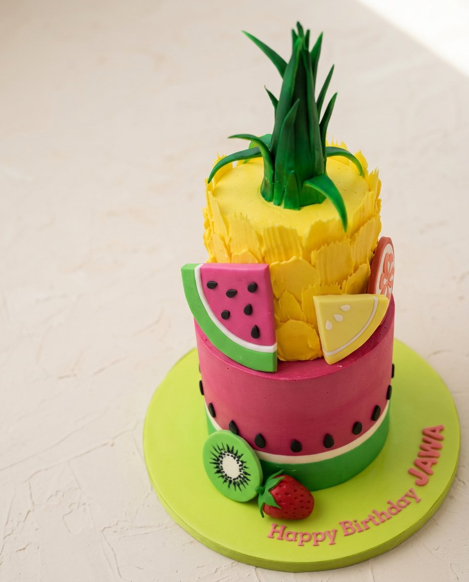 Watermelon and Pineapple Tropical Fruit Cake 16 Serving a slice of Watermelon and Pineapple Tropical Fruit Cake