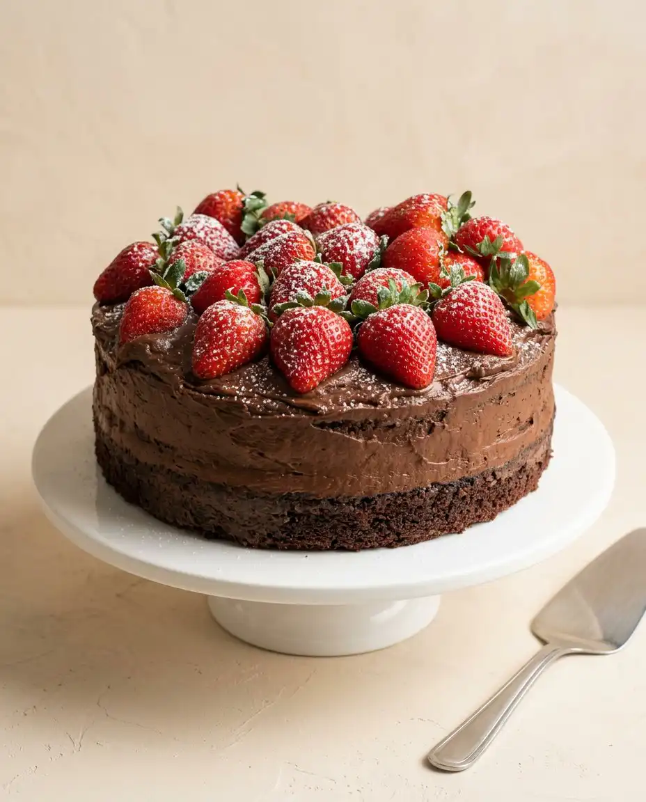 A warm slice of Hershey's Perfectly Chocolate Cake served with a scoop of vanilla ice cream.