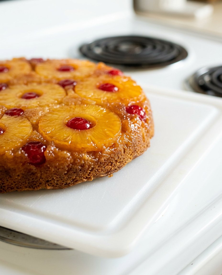 Cast Iron Skillet Pineapple Upside Down Cake 16 A warm slice of cast iron skillet pineapple upside down cake served with vanilla ice cream.