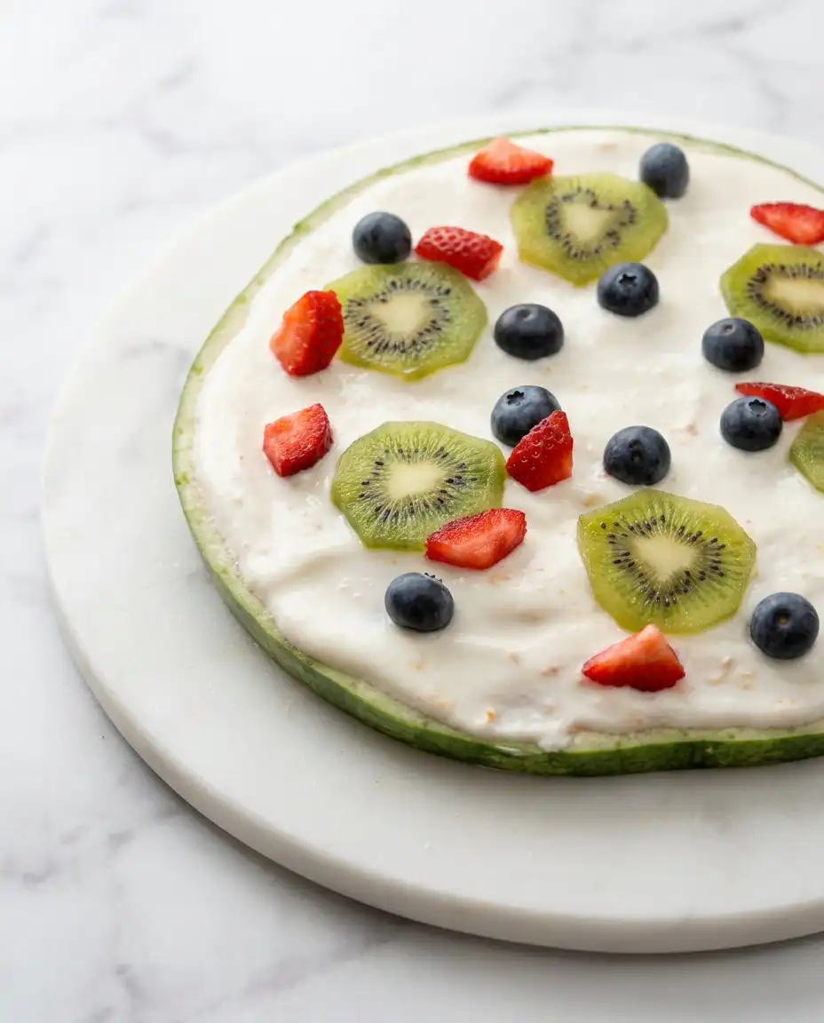 Platter of Watermelon Pizza Cake garnished with fresh mint leaves