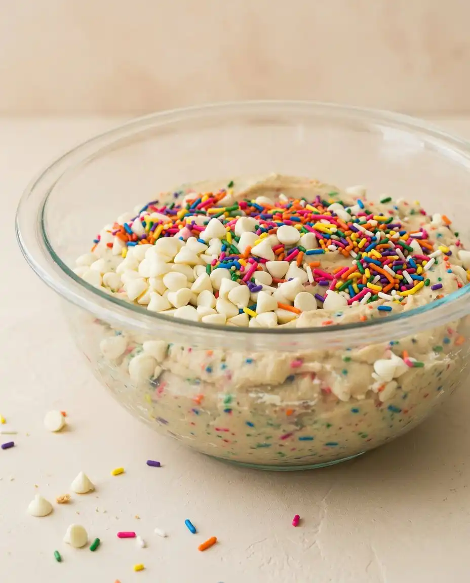 Portioned and chilled Funfetti Cake Mix Cookies dough spheres on a baking sheet