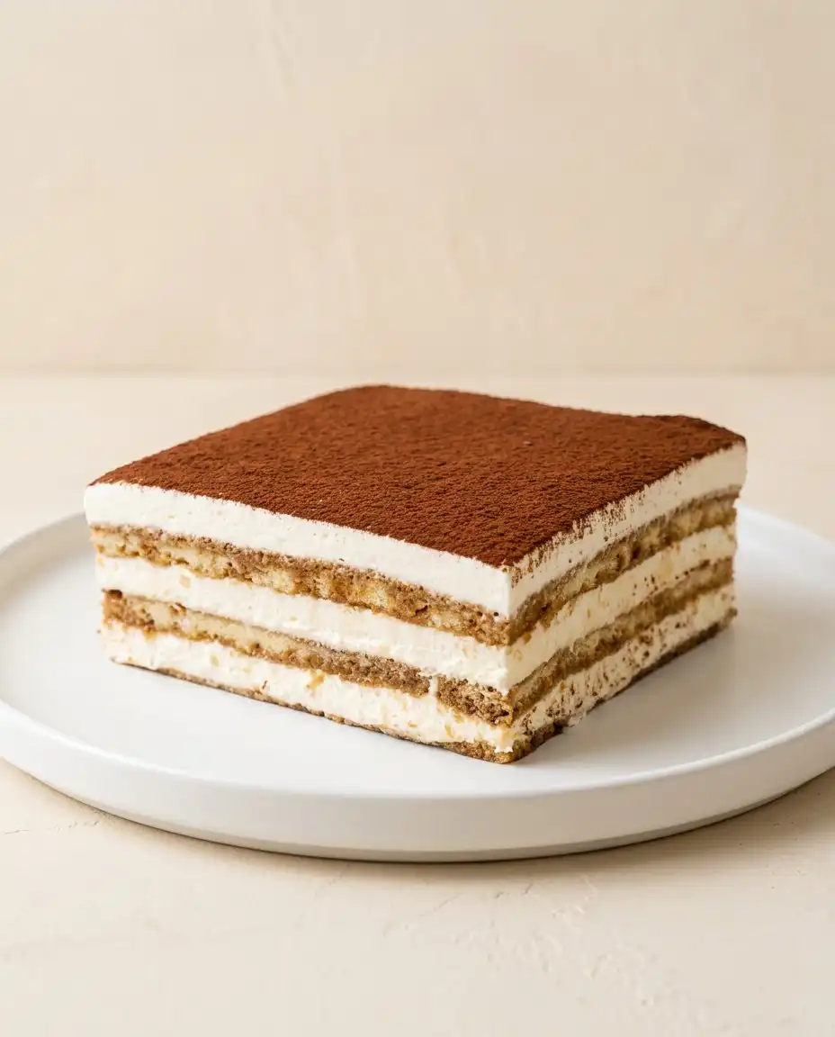 Classic Tiramisu Layer Cake 16 Sifting unsweetened cocoa powder over the top of a finished Classic Tiramisu Layer Cake.