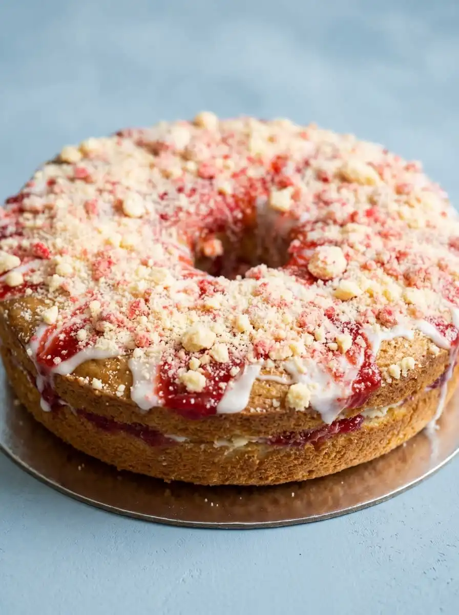 A single slice of cream cheese pound cake with strawberry glaze served with whipped cream.