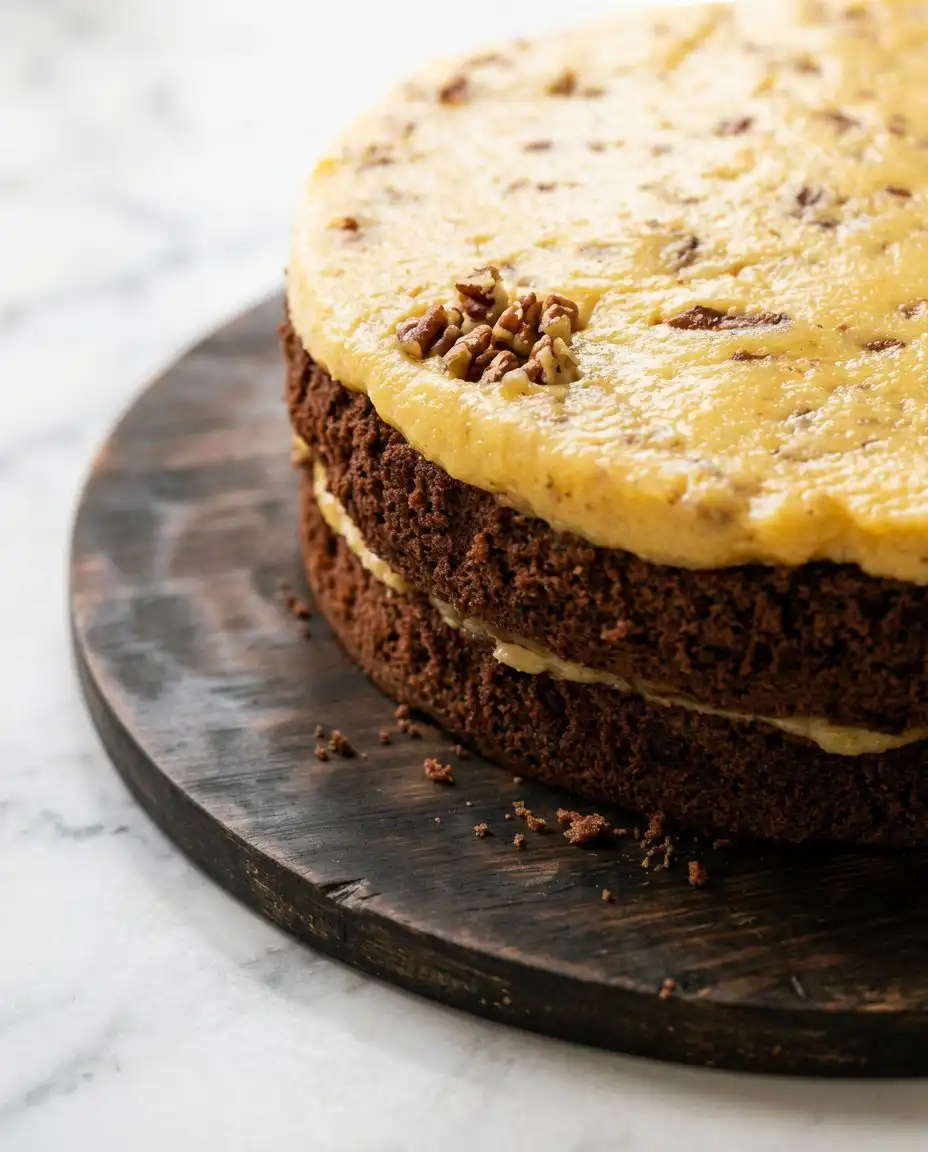 A delicious slice of German Chocolate Cake served on a vintage white plate.