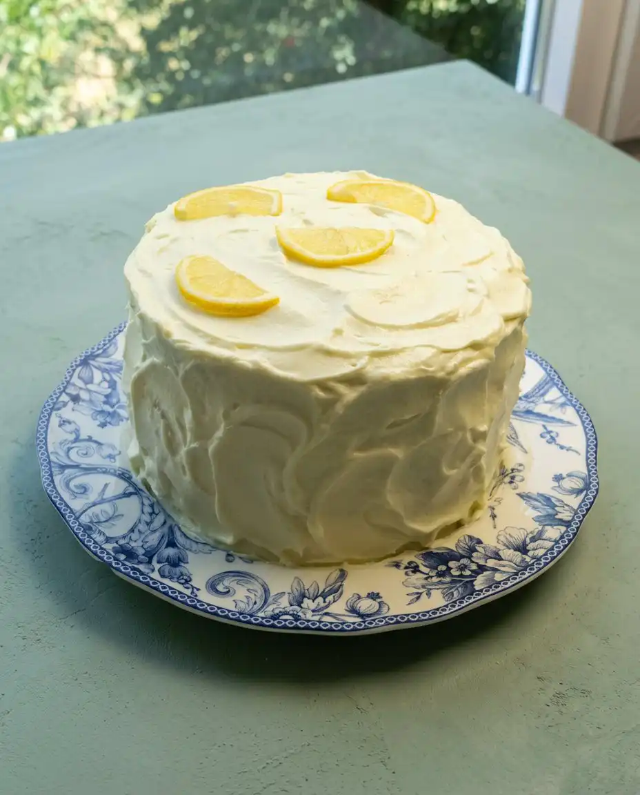 Lemon Blueberry Layer Cake with Cream Cheese Frosting 16 A delicious slice of Lemon Blueberry Layer Cake with Cream Cheese Frosting on a dessert plate.