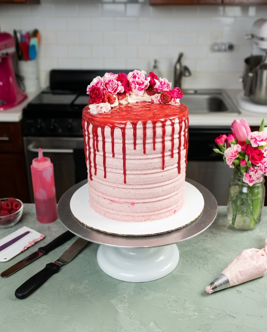 White Chocolate Raspberry Anniversary Cake 16 A single slice of White Chocolate Raspberry Anniversary Cake on a dessert plate with a fork.