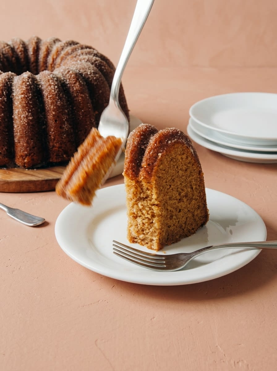 Apple Cider Cake 16 A neat slice of Apple Cider Cake served on a white plate with a cup of hot black coffee.