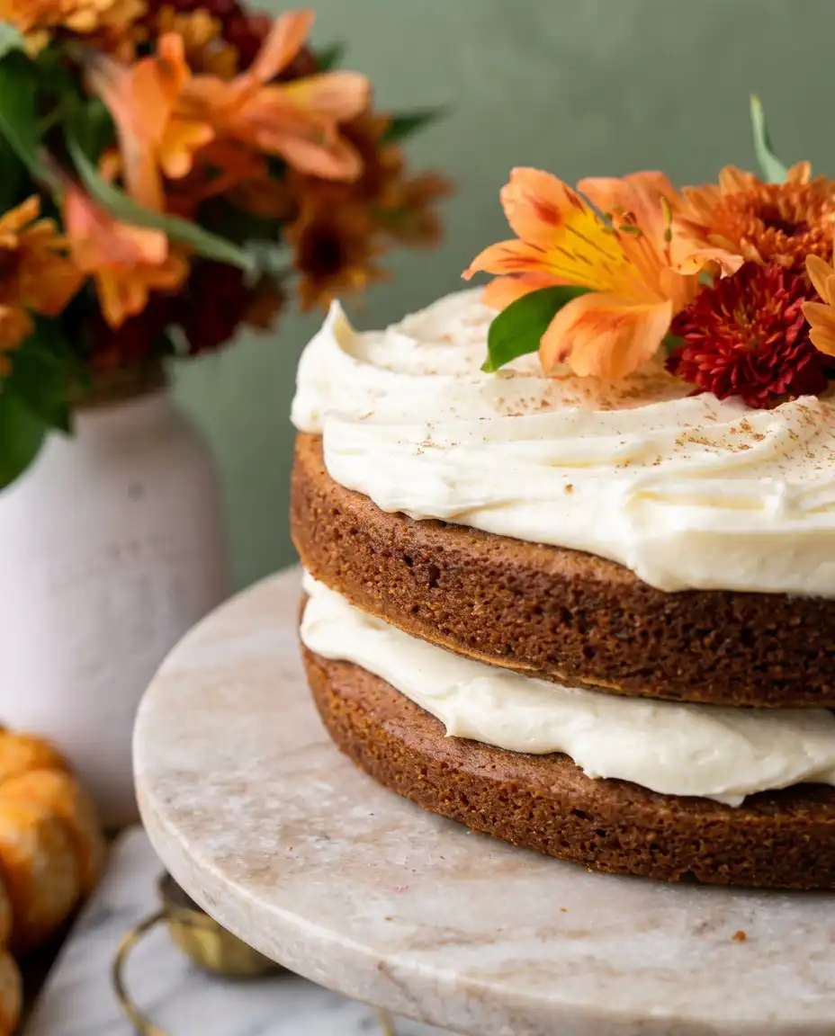 Brown Butter Pumpkin Cake 16 A perfect slice of Brown Butter Pumpkin Cake revealing the rich dulce de leche filling inside.