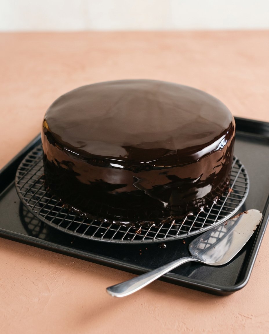 Chocolate Mirror Glaze Cake 16 A clean slice of chocolate mirror glaze cake showing neat sponge layers on a plate.