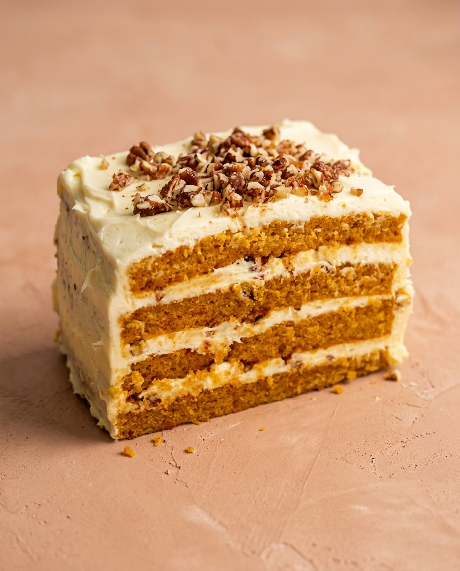 A perfect slice of Classic Pumpkin Layer Cake showing the neat interior layers.