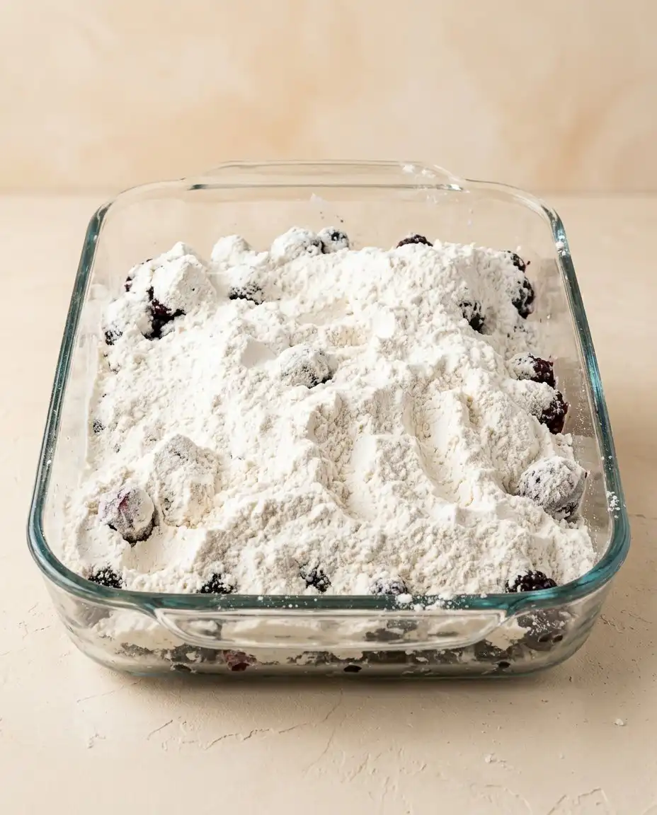 Cold butter slices arranged in a grid pattern to make a blackberry dump cake with butter pecan cake mix.