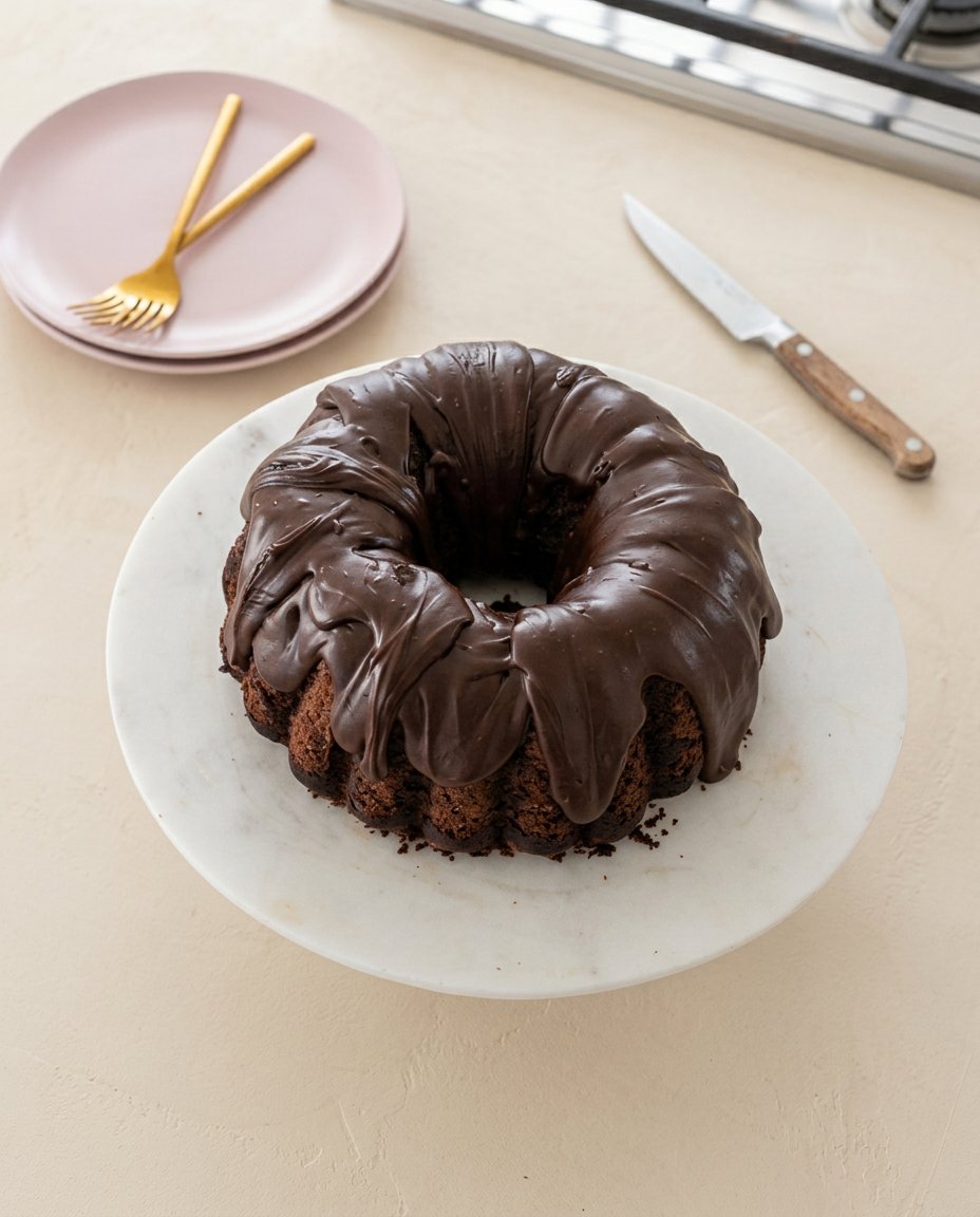 A single slice of Double Chocolate Zucchini Cake served on a white plate with a fork.