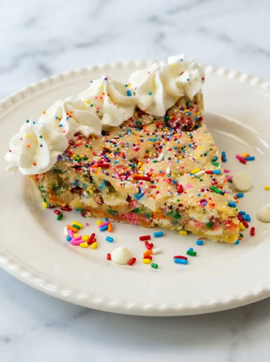 Funfetti Birthday Cookie Cake 16 A single slice of Funfetti Birthday Cookie Cake served with vanilla ice cream.