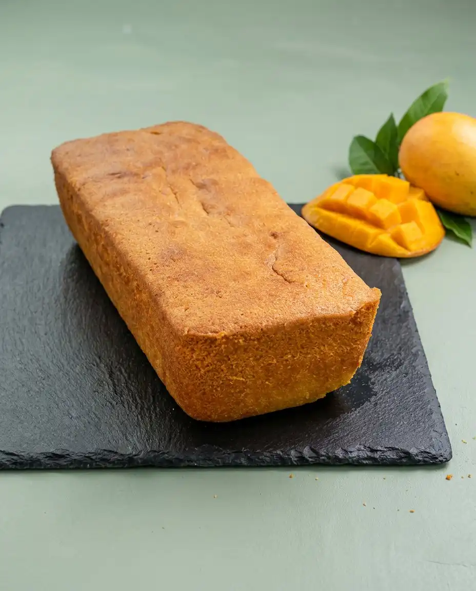 A slice of Mango Butter Cake on a white plate next to a cup of Turkish coffee