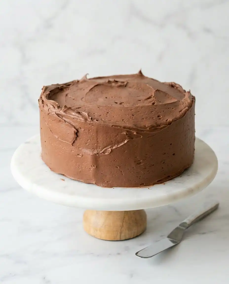 A thick slice of double layer One-Bowl Chocolate Zucchini Cake with chocolate buttercream on a white ceramic plate.