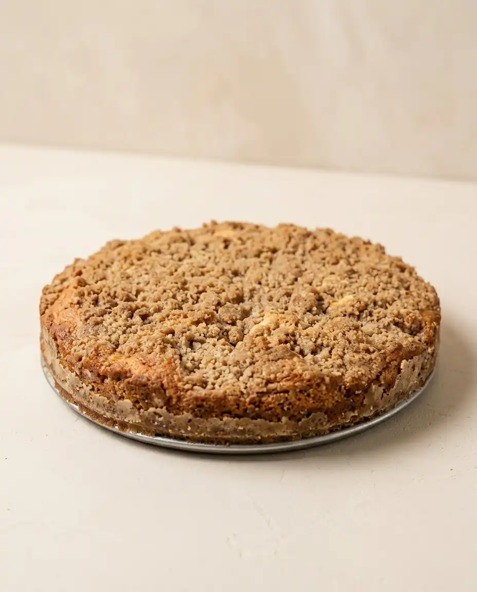 Peach Streusel Coffee Cake 16 A slice of Peach Streusel Coffee Cake served on a white plate with a fork.