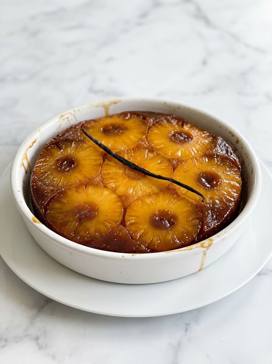 Pineapple Upside-Down Cake 16 A clean slice of Pineapple Upside-Down Cake served with a dollop of fresh cream on a small plate.