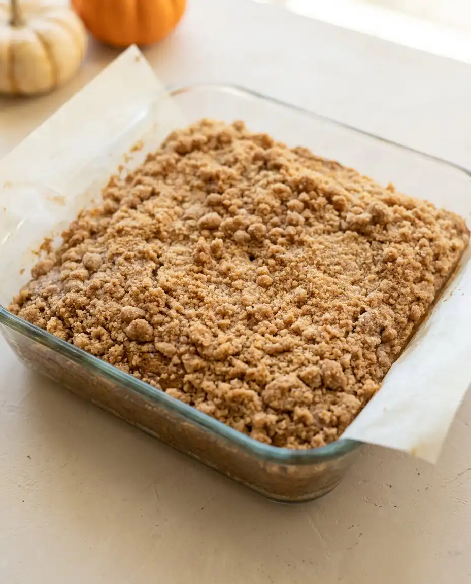 A neat square slice of Pumpkin Streusel Coffee Cake served on a plate next to a cup of hot tea.