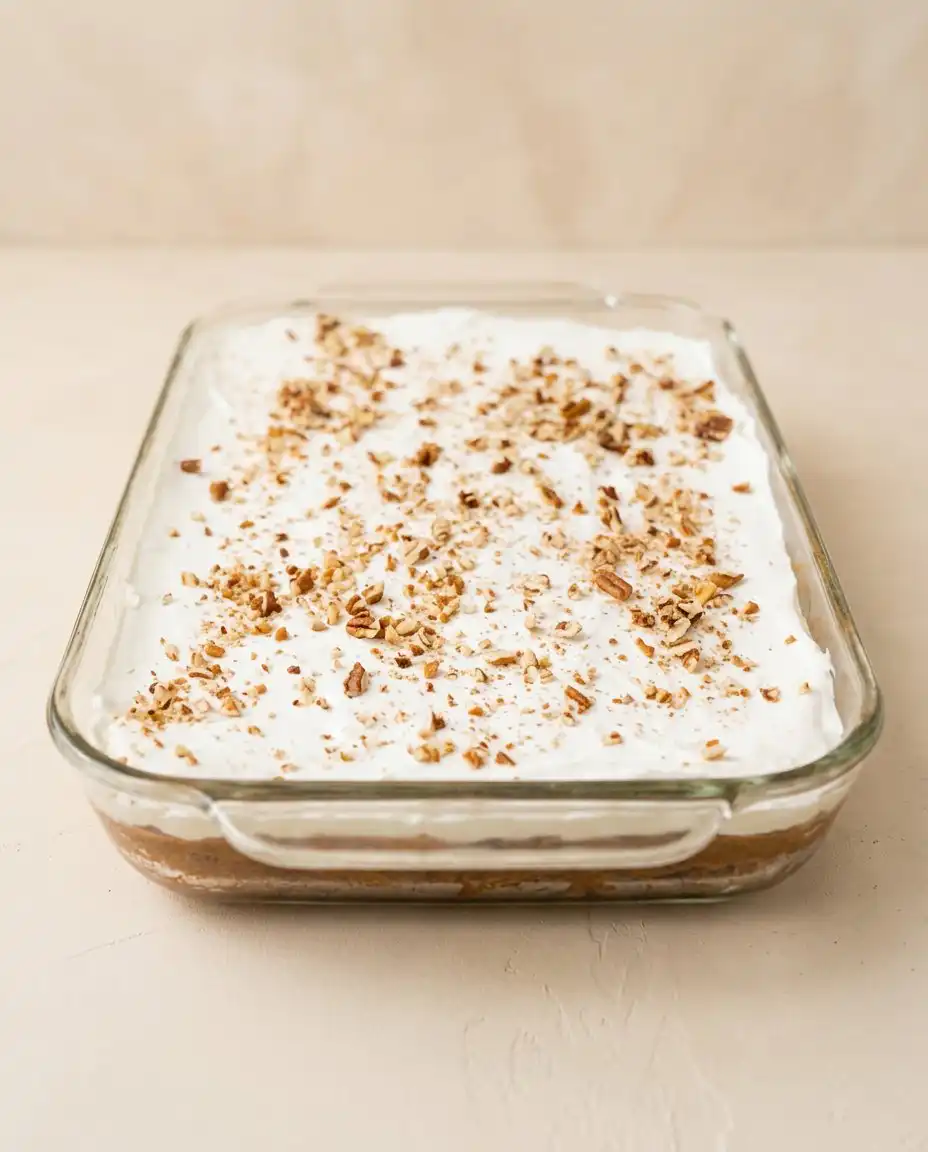 Classic Pumpkin Crunch Cake 16 A clean slice of Classic Pumpkin Crunch Cake showing the distinct custard and cream cheese layers.