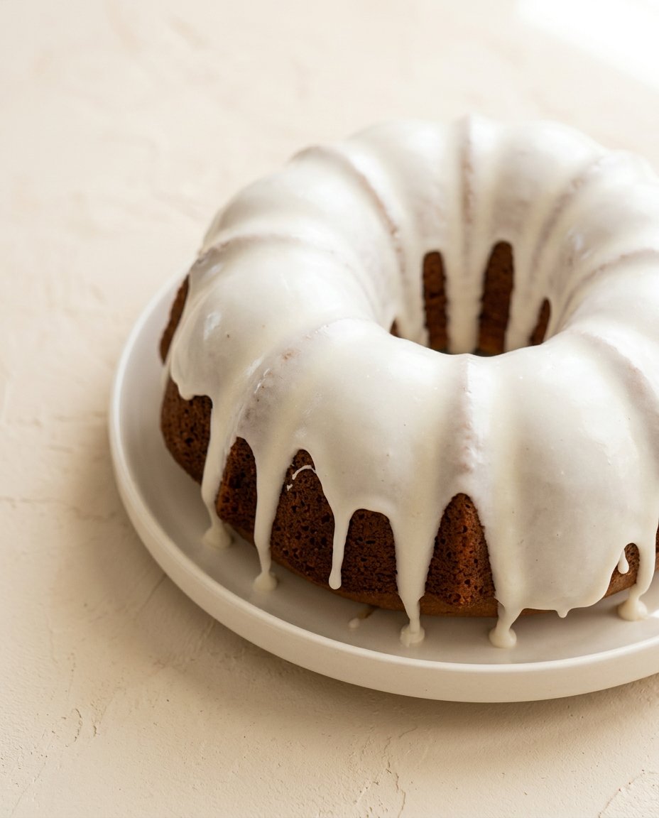 A perfect slice of glazed pumpkin spice bundt cake served on a plate with vanilla ice cream