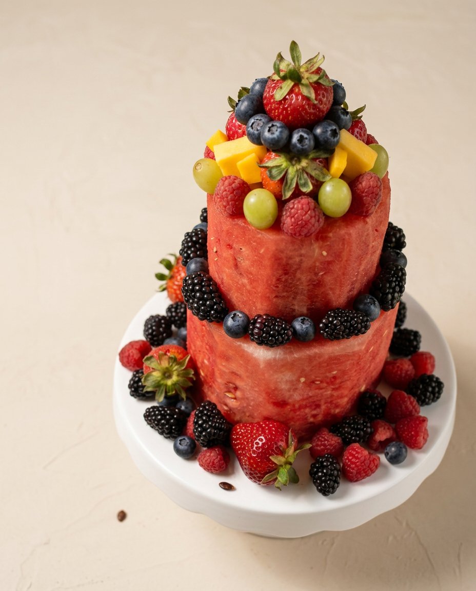 Classic Watermelon Fruit Cake 16 Individual slices of a beautiful Classic Watermelon Fruit Cake served on small dessert plates.